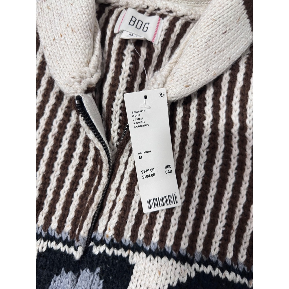 BDG Urban Outfitters Brown Motif Geometric Zip Up Shawl Cardigan Sweater Mens M - Picture 5 of 6